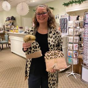 Wild Child 3 pc. Gift Set $100. Blush and leopard make a glamorous combination for your fashionista friend. Winter weight knit hat and scarf set, crossbody handbag in blush and leopard with gold metallic highlights.