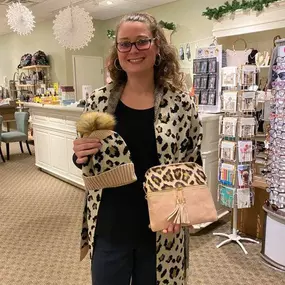 Wild Child 3 pc. Gift Set $100. Blush and leopard make a glamorous combination for your fashionista friend. Winter weight knit hat and scarf set, crossbody handbag in blush and leopard with gold metallic highlights.