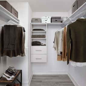 Spacious walk-in closets with wood-shelving at Camden Brickell apartments in Miami, FL