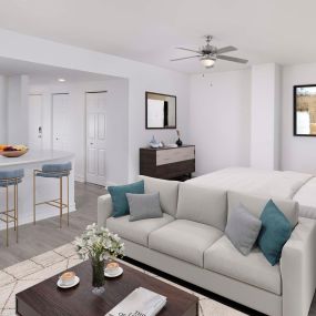 Living and bedroom area in studio floor plan at Camden Brickell apartments in Miami, FL