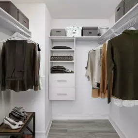 Spacious walk-in closets with wood-shelving at Camden Brickell apartments in Miami, FL