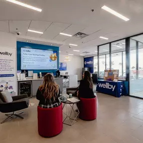 Interior lobby of federal credit union with finance professionals