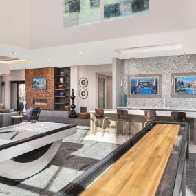 Camden Tempe Apartments Tempe Arizona Resident Lounge with Shuffleboard, Billiards, Lounge and Kitchen