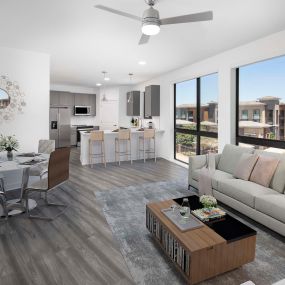 Camden Tempe West Apartments Tempe Arizona contemporary open concept living area with floor-to-ceiling windows, a ceiling fan, and gray wood-like flooring