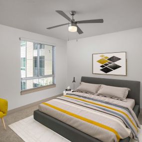 Bedroom with carpet flooring ceiling fan and light