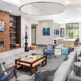 Camden Tempe Apartments Tempe Arizona Resident Lounge with Seating Area, Fireplace, and Catering Kitchen with TV