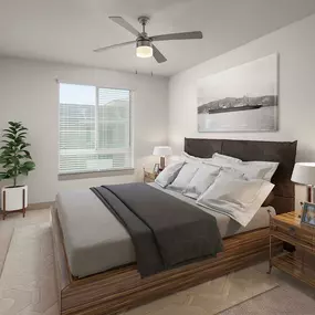 Bedroom with ceiling fan and carpet flooring