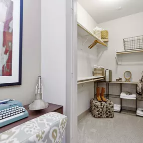 Walk in closet with wood shelving