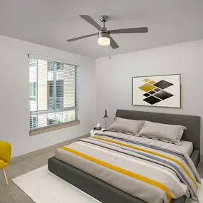 Bedroom with carpet flooring ceiling fan and light