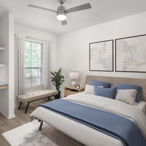 Renovated bedroom with ceiling fan and built-in desk at Camden Shadow Brook apartments in Austin, TX