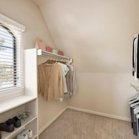 Large walk-in closet with window and built-in shelves