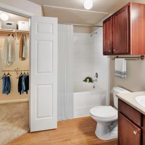 Bathroom with light countertops, bathtub and walk-in closet at Camden Shadow Brook