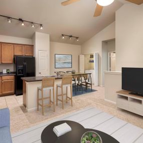 Second floor kitchen and dining room with vaulted ceilings at Camden Shadow Brook