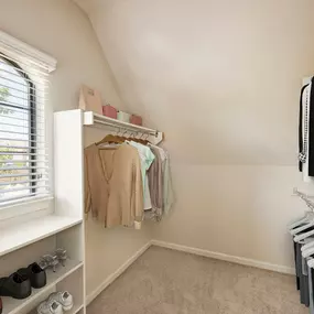 Large walk-in closet with window and built-in shelves