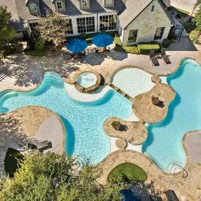 Aerial view of second pool and clubhouse at Camden Shadow Brook apartments in Austin, TX