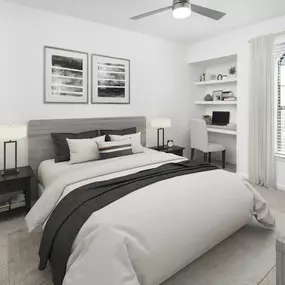 Bedroom with built-in desk and shelves, carpet, arched window, and modern ceiling fan at Camden Shadow Brook apartments in Austin, TX