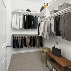 Spacious closet with built-in wood shelves at Camden Shadow Brook apartments in Austin, TX