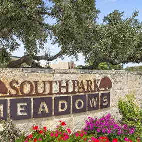 Southpark Meadows shopping center entry sign near Camden Shadow Brook apartments in Austin, TX