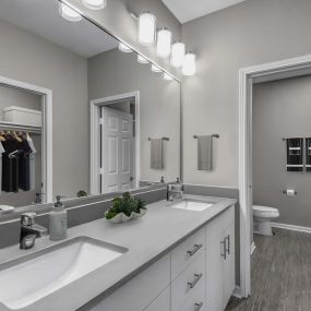 Bathroom with double vanity sink wood look flooring and walk in closet