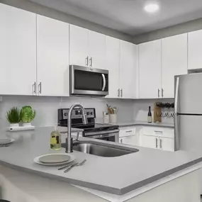 Kitchen with quartz countertops stainless steel appliances undermount sink and glass cooktop