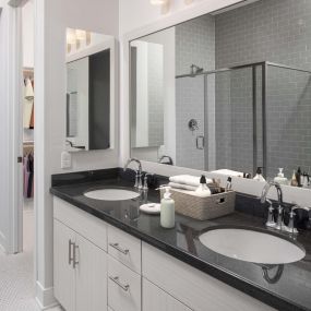 Penthouse bathroom with dual vanity sinks glass enclosed shower and walk in closet