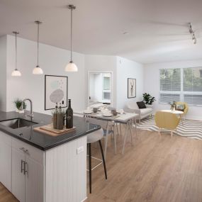 Open concept kitchen dining and living area with wood look flooring