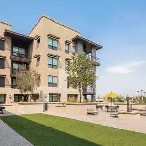 Outdoor lawn within community with outdoor dining fireplace and seating