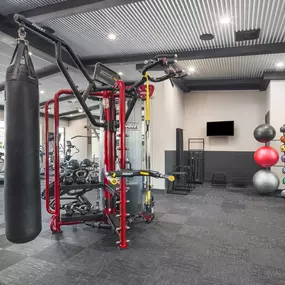 24-hour fitness center with a punching bag, stability balls, and strength training machines