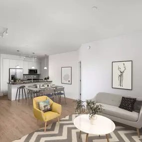 Living and dining room with wood look flooring