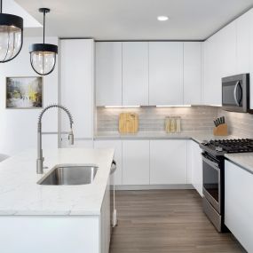 Contemporary white kitchen with white countertops, white soft-close cabinets and hardwood-style flooring