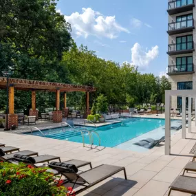 Resort-style, saltwater pool with sundeck and cabanas