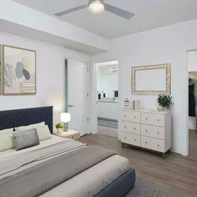 White contemporary bedroom with tray ceiling, walk-in closet, and hardwood-style flooring.