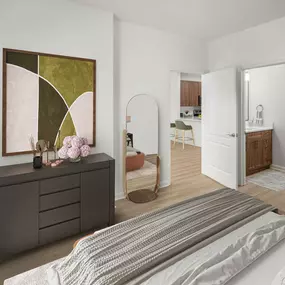 Bedroom with en suite bathroom at Camden Fair Lakes Apartments in Fairfax, VA.
