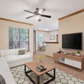 With spacious living room at Camden Holly Springs Apartments in Houston, TX