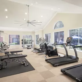 Fitness center with free weights and cardio equipment at Camden Holly Springs Apartment in Houston, Tx