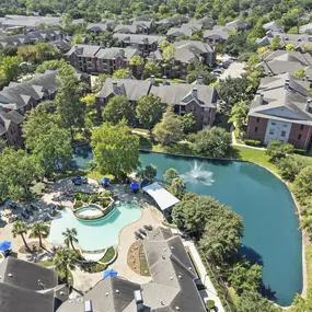 Aerial View of private lake and community of Camden Holly Springs Apartments and Townhomes in Houston, Tx