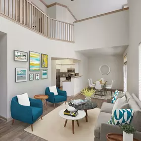 Townhome living room with high ceilings at Camden Holly Springs Apartments in Houston, TX