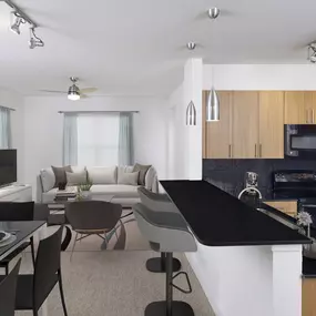 Black granite finishes in kitchen overlooking dining and living room