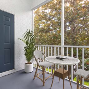 Private balcony with storage closet at Camden World Gateway apartments in Orlando, FL