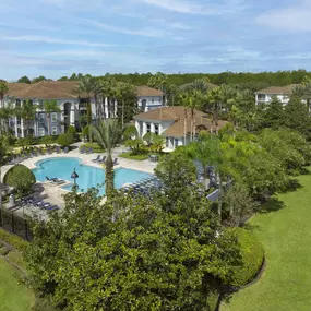 Community pool with lush landscaping at Camden World Gateway apartment community in Orlando, FL