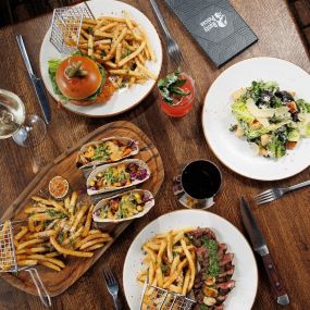 Overhead shot of food on a wooden table