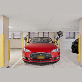 Two electric vehicle charging stations in our covered parking garage.