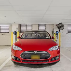 Two electric vehicle charging stations in our covered parking garage.