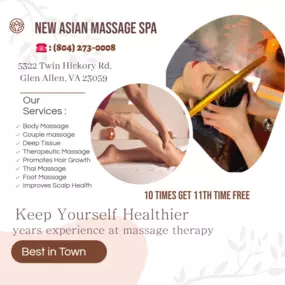 Whether it's stress, physical recovery, or a long day at work, New Asian Massage Spa has helped many clients relax in the comfort of our quiet & comfortable rooms with calming music.