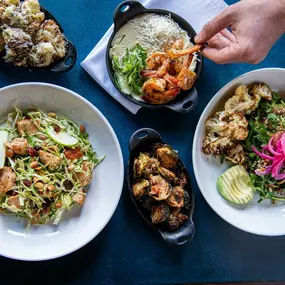 TGP Salad, Shrimp and Grits, Harvest Bowl