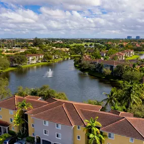 Apartments large lake with manicured landscaping