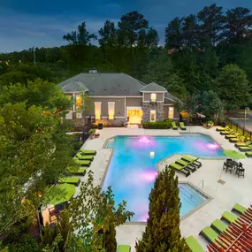 Aerial view of pool at dusk