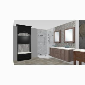 3-D Rendering of an upscale shower and floating vanity. Welcome signage housed in custom cabinetry - Showplace Cabinets
