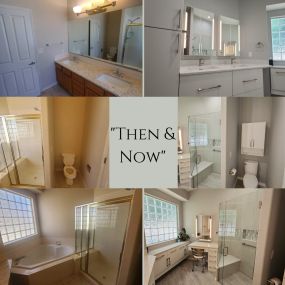 Before and after photos of a master bathroom that was in need of storage and aging in place!