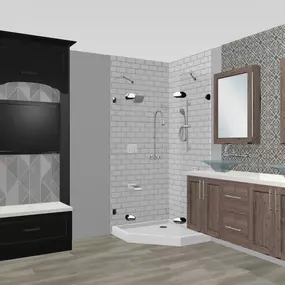 3-D Rendering of an upscale shower and floating vanity. Welcome signage housed in custom cabinetry - Showplace Cabinets